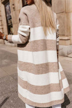 Women's Oversized Striped Knitted Cardigan – Long Open Front Style Khaki