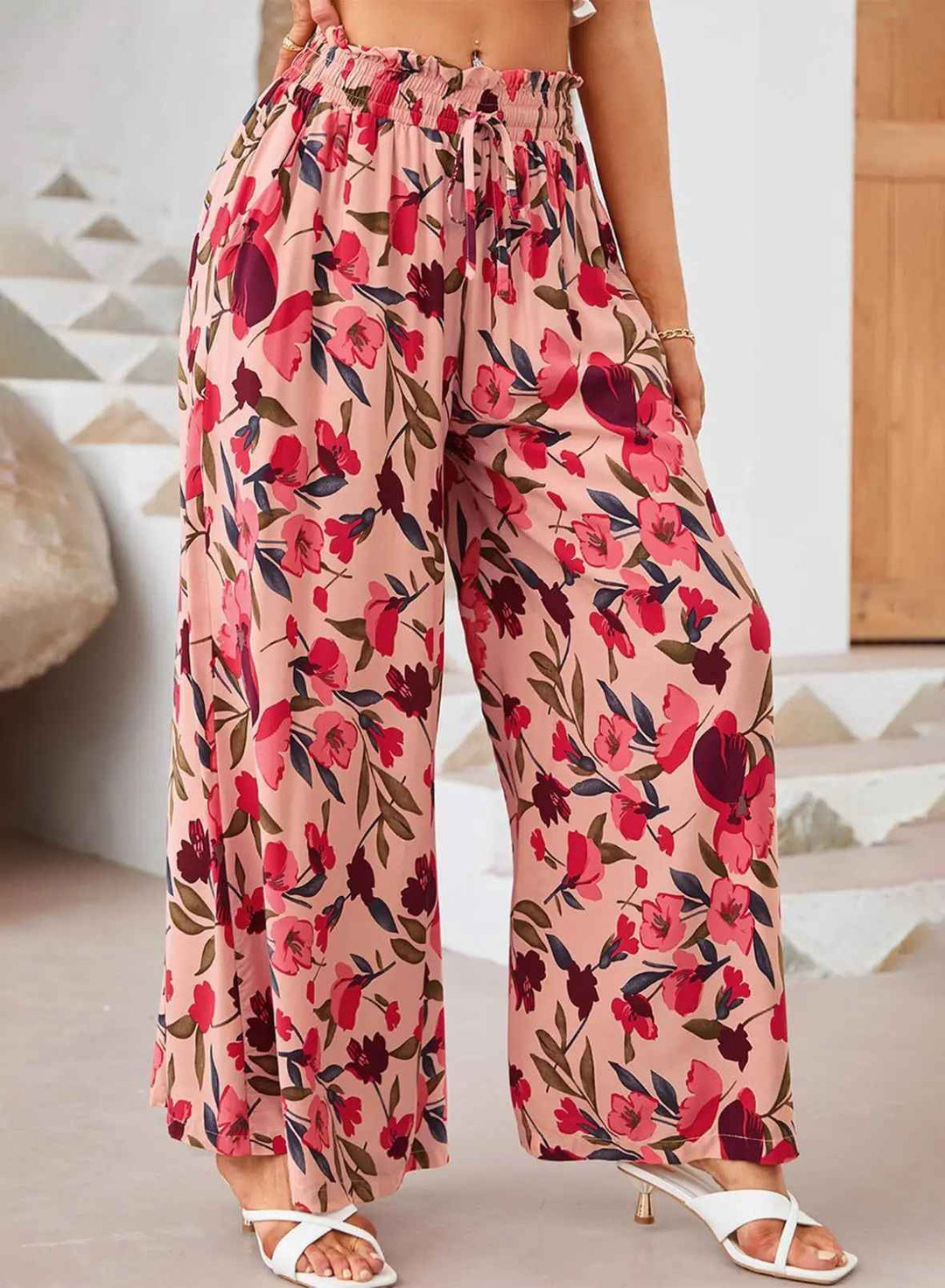 Women's Floral Print Wide Leg Chiffon Pants – High Waist with Drawstring – Full Length