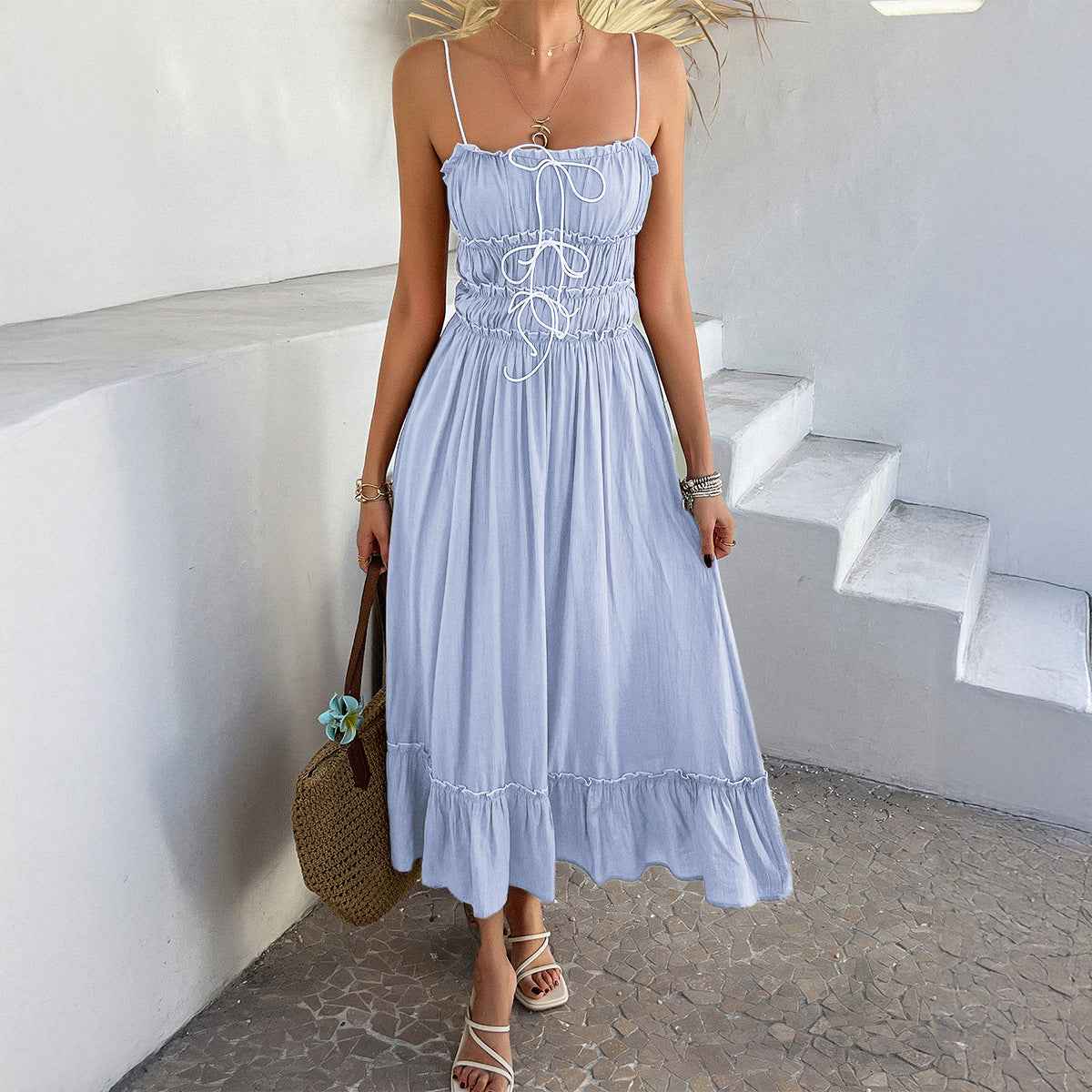 Women's A-Line Spaghetti Strap Dress - High Waist with Ruffles - Breathable Fabric Blue
