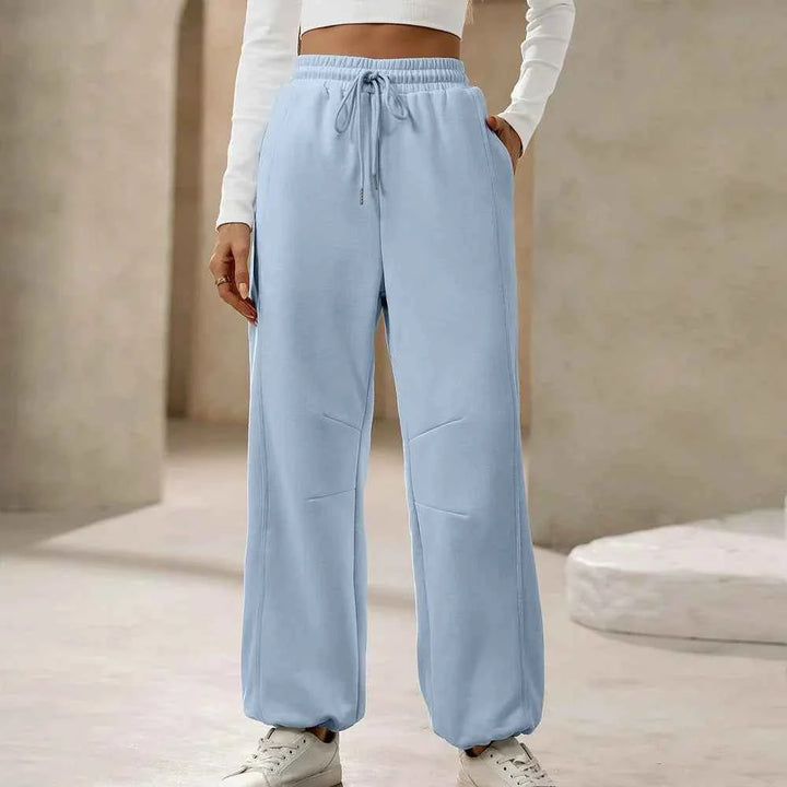 Women's High Waist Relaxed Fit Pants with Drawstring – Soft Cotton-Look – Full Length Light Blue