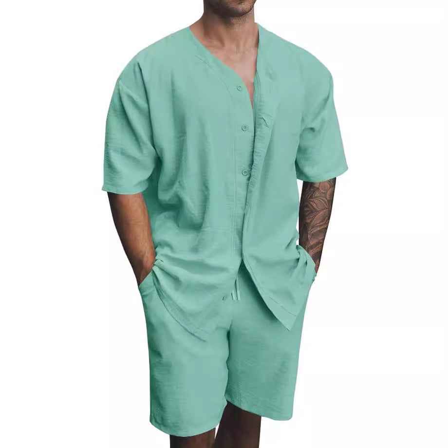 Men's V-Neck Shirt and Shorts Set – Button Closure – Relaxed Fit – Breathable Fabric