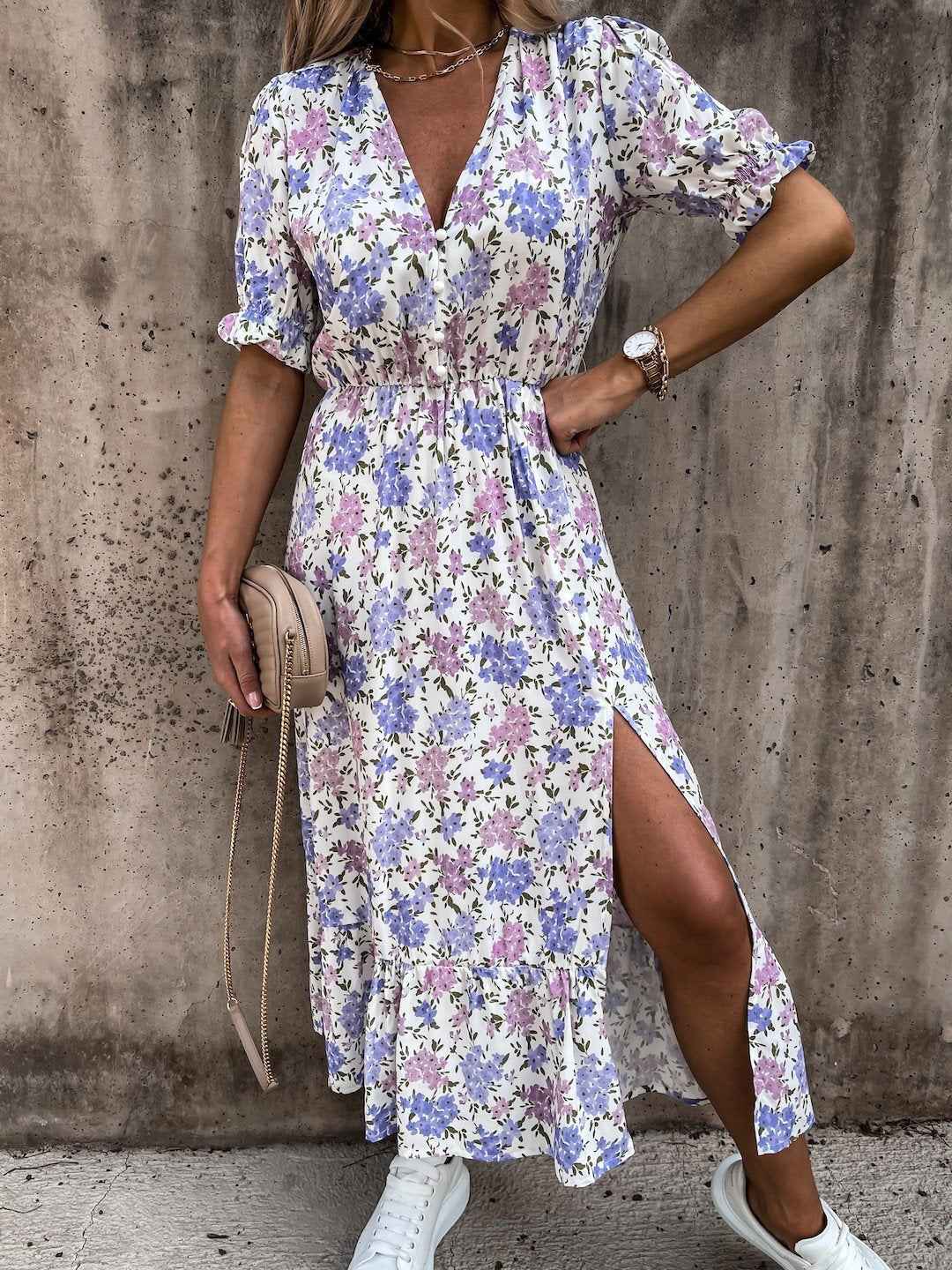Women's Floral Print Maxi Dress - Relaxed Fit, High Waist, V-Neck, Side Split