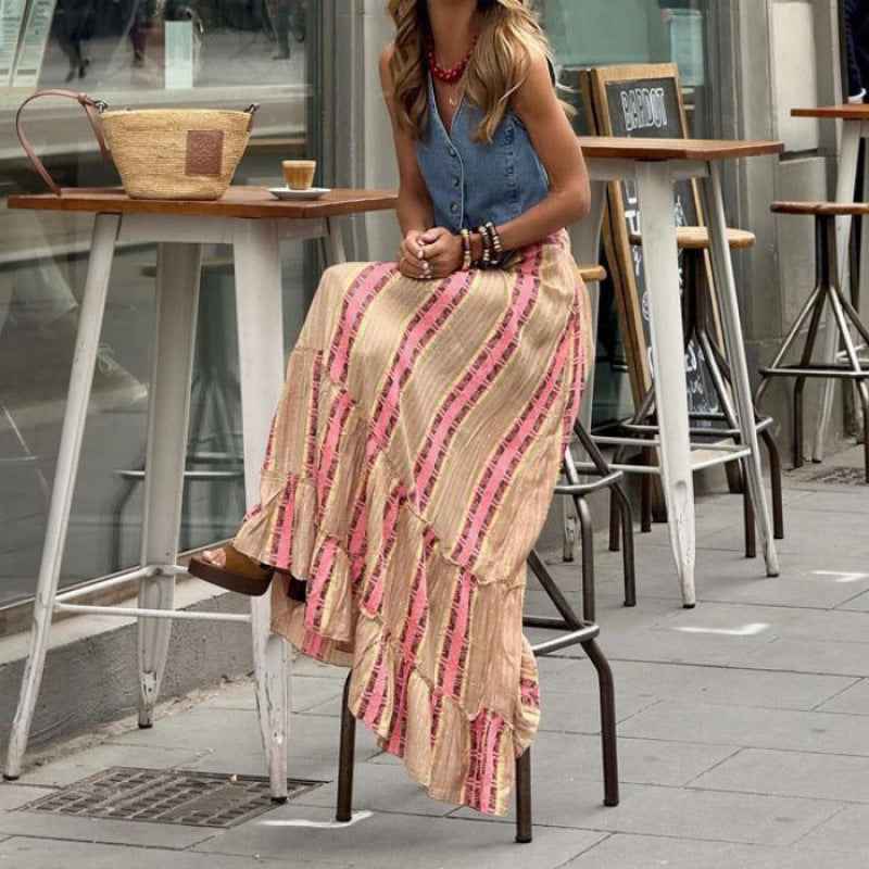 Women's Maxi Skirt – Loose Fit – Tiered Hem – Breathable Fabric