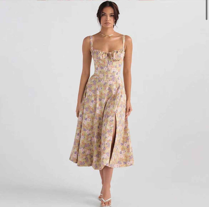 Women's A-Line Midi Dress – Sleeveless Floral Print with Bow Detail Apricot