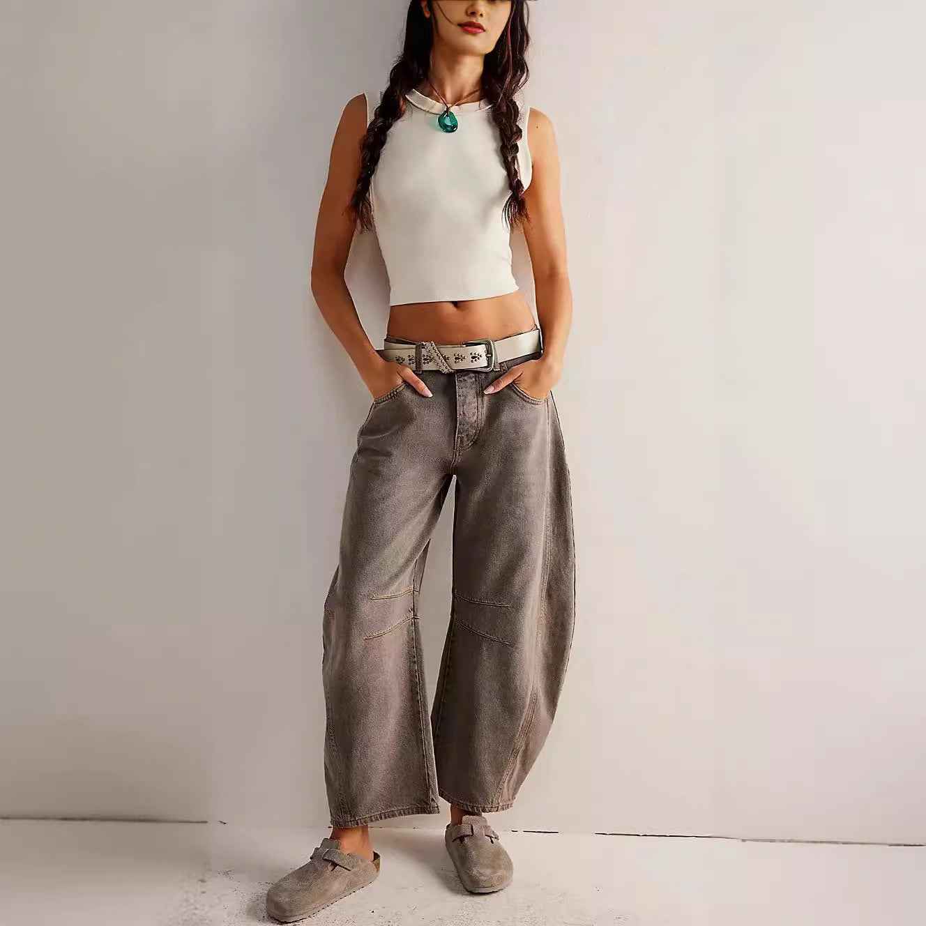 Women's Wide Leg Jeans – Loose Fit – Full Length Denim Casual Grey