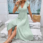Women's A-Line Midi Dress with V-Neck, Ruffle Sleeves, and Button Details
