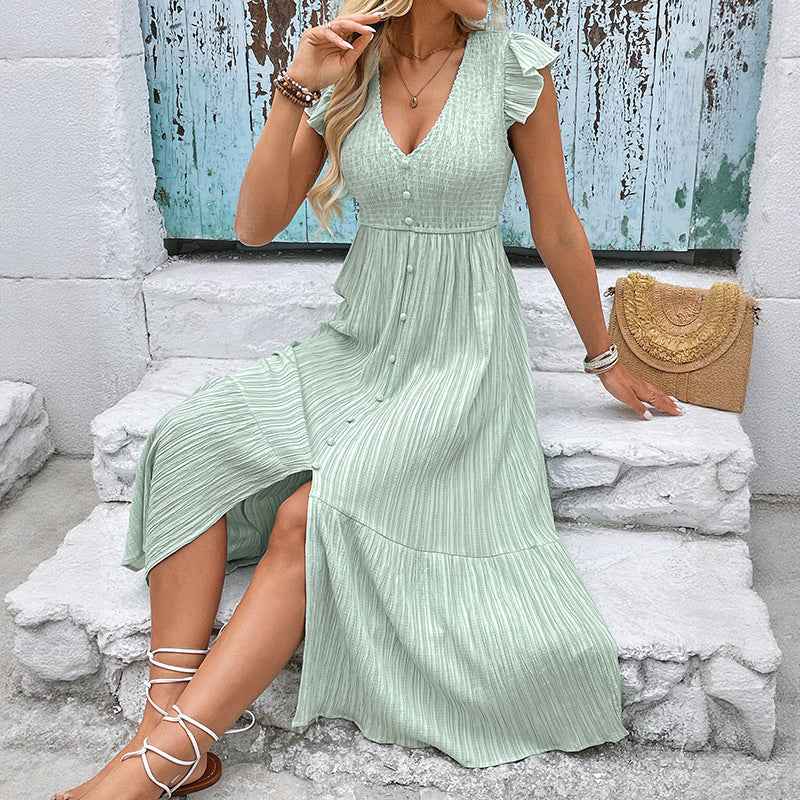 Women's A-Line Midi Dress with V-Neck, Ruffle Sleeves, and Button Details
