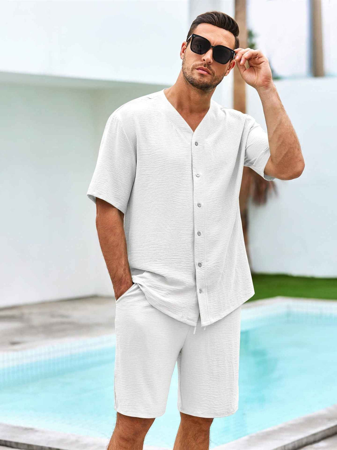 Men's V-Neck Shirt and Shorts Set – Button Closure – Relaxed Fit – Breathable Fabric