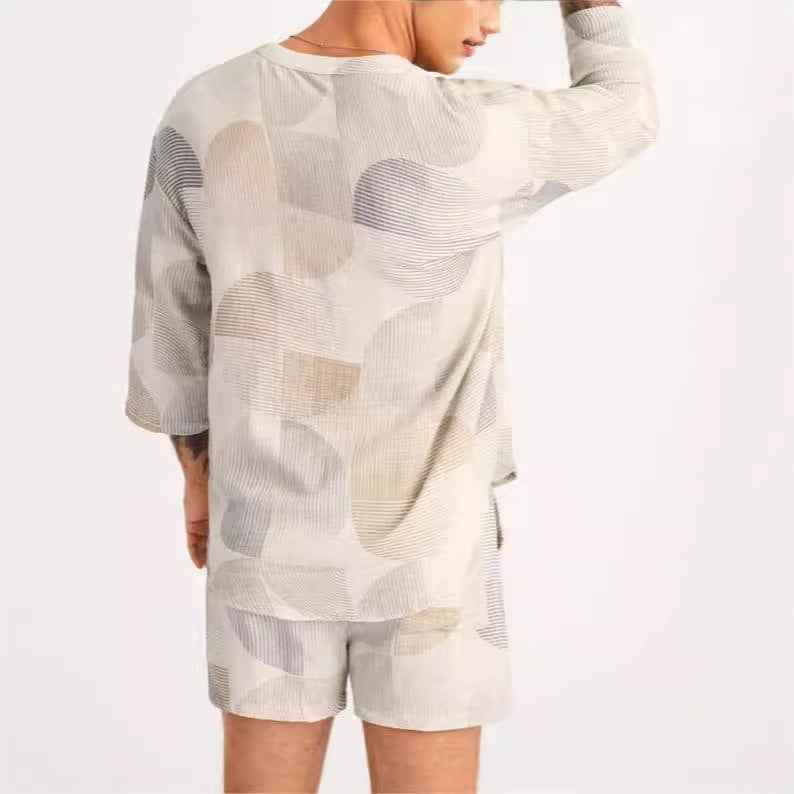 Men's Casual Lace-Up Shirt and Shorts Set – Relaxed Fit, Breathable Fabric