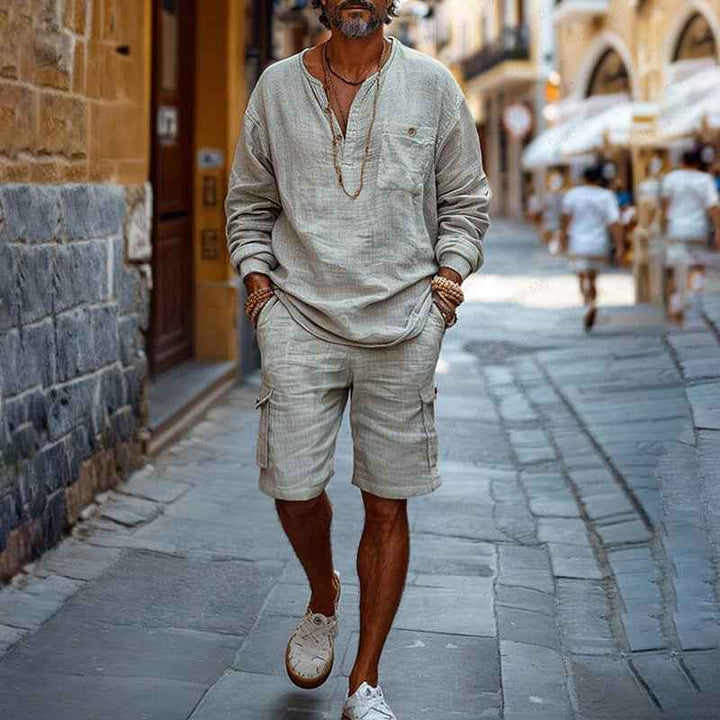 Men's Casual V-Neck Long Sleeve Top & Relaxed Fit Cargo Shorts Set – Breathable Comfort Grey
