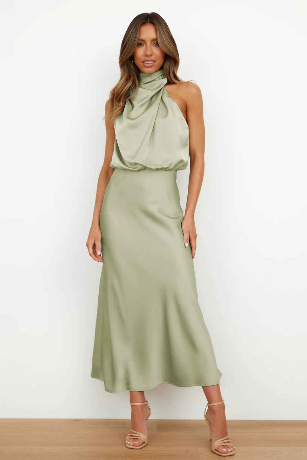 Women's Satin Look Halter Maxi Dress – Sleeveless with Elegant Draping Grey Green