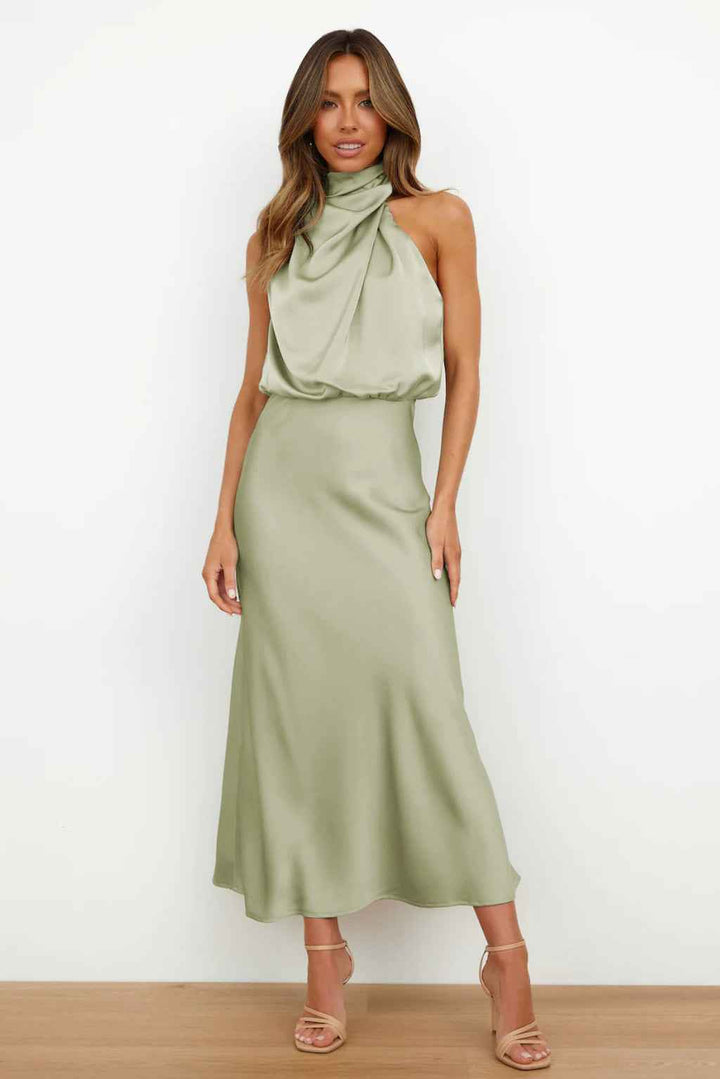 Women's Satin Look Halter Maxi Dress – Sleeveless with Elegant Draping Grey Green