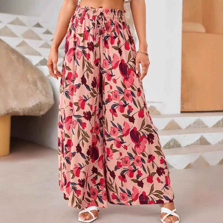Women's Floral Print Wide Leg Chiffon Pants – High Waist with Drawstring – Full Length