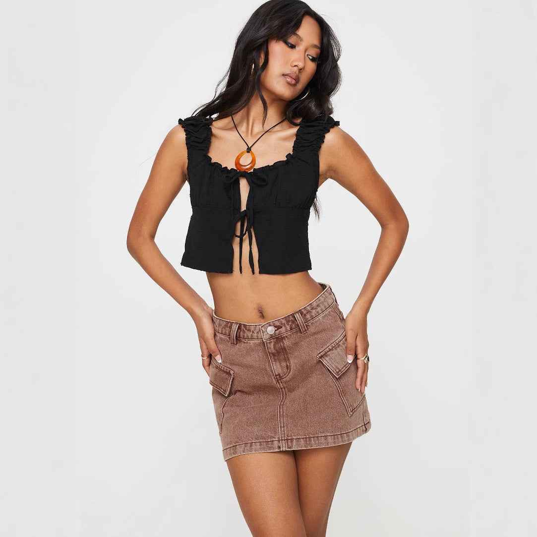 Women's Slim Fit Denim Mini Skirt with Front Pockets and Button Zip Closure Light Brown