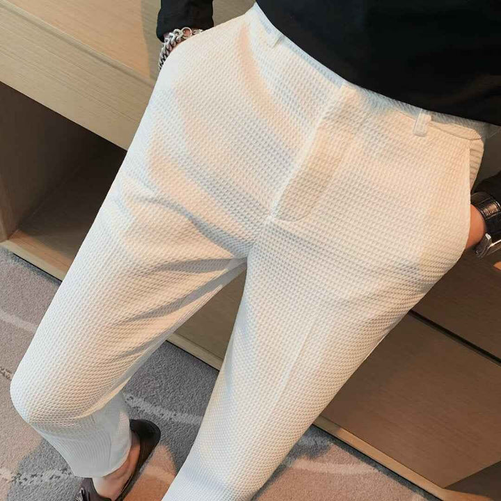 Men's Slim Fit Cropped Trousers – Textured Fabric – Modern Smart Casual White