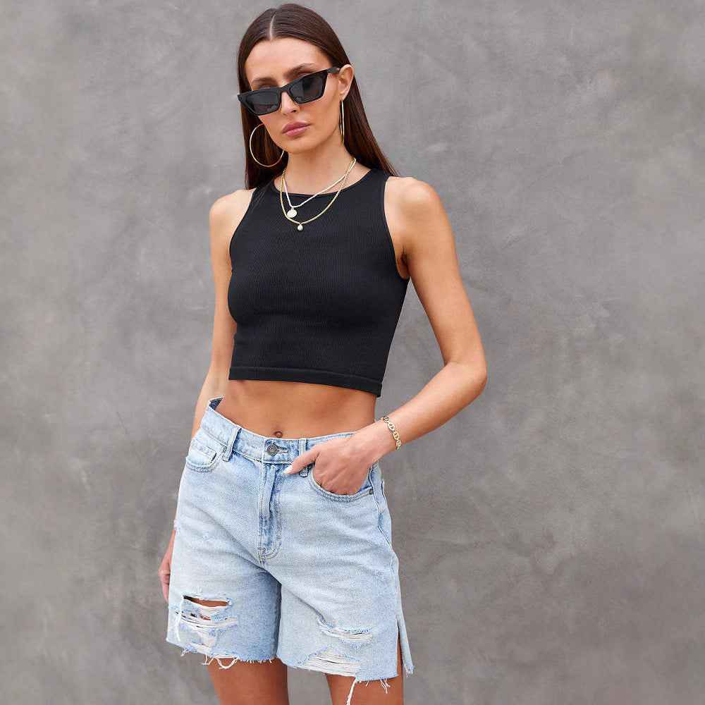 Women's Distressed Knee-Length Denim Shorts – Relaxed Fit with Slits – Casual Style