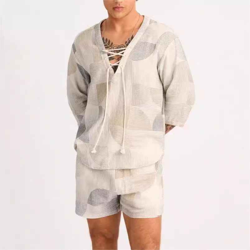 Men's Casual Lace-Up Shirt and Shorts Set – Relaxed Fit, Breathable Fabric