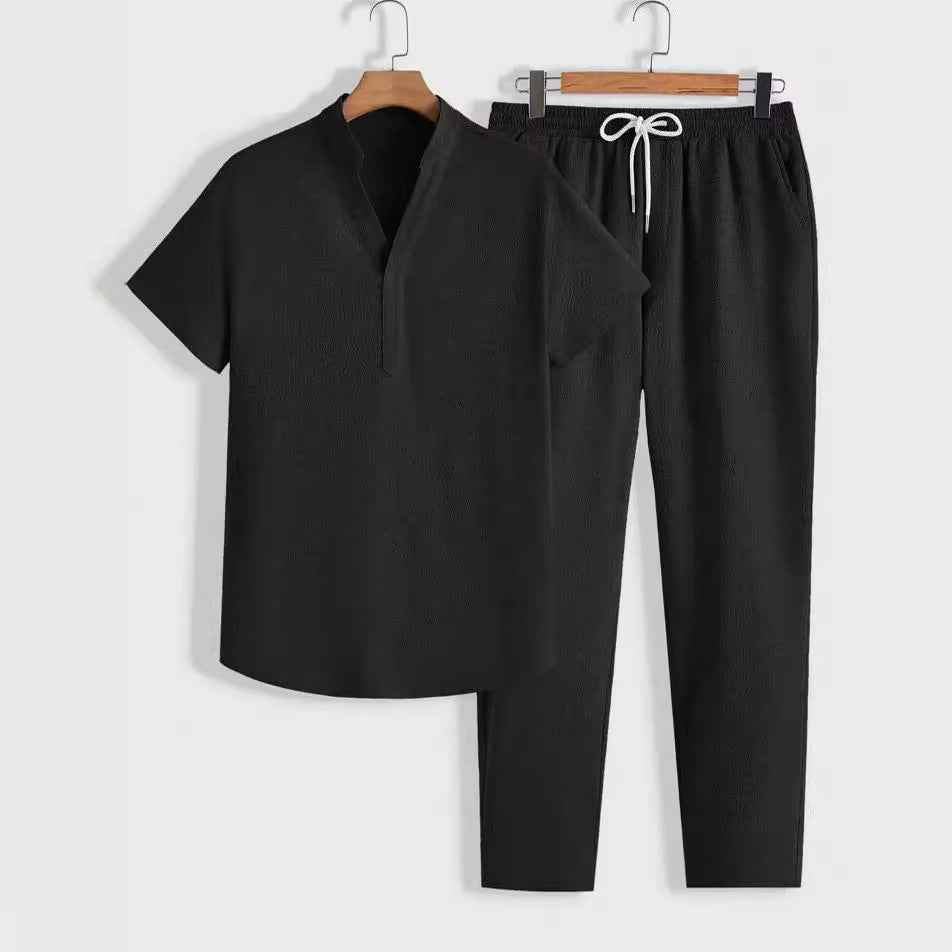 Men's Breathable Tracksuit Set – V-Neck Top & Drawstring Pants – Relaxed Fit Black