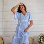 Women's V-Neck Loose Fit Cotton Dress with Button Closure and Lace Details