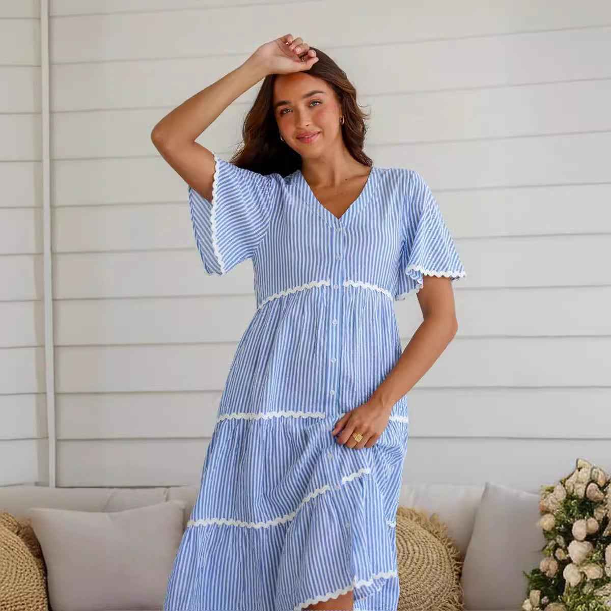 Women's V-Neck Loose Fit Cotton Dress with Button Closure and Lace Details