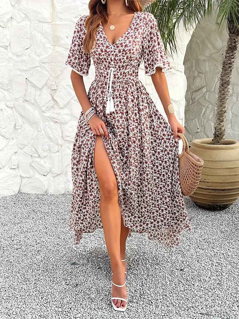 Women's Floral Print Midi Dress – V-Neck, Cotton, Adjustable Waist, Split Hem Brown