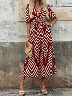 Women's A-line Midi Dress – V-neck Wrap with Pleated Sleeves & Belt Red