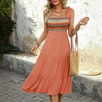 Women's Ethnic Print A-line Dress – Cotton Blend – Tie Straps – Layered Midi Skirt