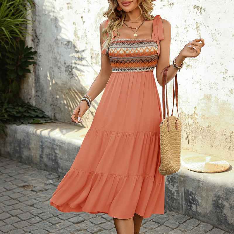 Women's Ethnic Print A-line Dress – Cotton Blend – Tie Straps – Layered Midi Skirt