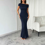 Women's Off-Shoulder Bodycon Maxi Dress with Ruched Waist Navy