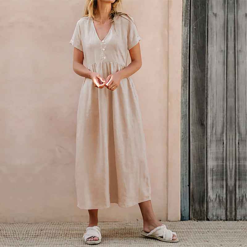 Women's Loose Fit Midi Dress – V-Neck, Button Detail, Short Sleeve – Linen Cotton