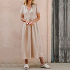 Women's Loose Fit Midi Dress – V-Neck, Button Detail, Short Sleeve – Linen Cotton