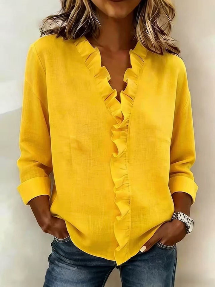 Women's Elegant V-neck Ruffles Blouse Yellow