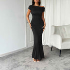 Women's Off-Shoulder Bodycon Maxi Dress with Ruched Waist Black