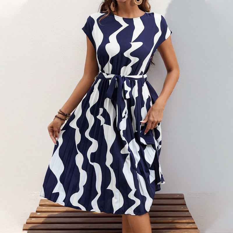 Women's Pleated Fit and Flare Midi Dress – Geometric Print – Short Sleeve with Belt Blue