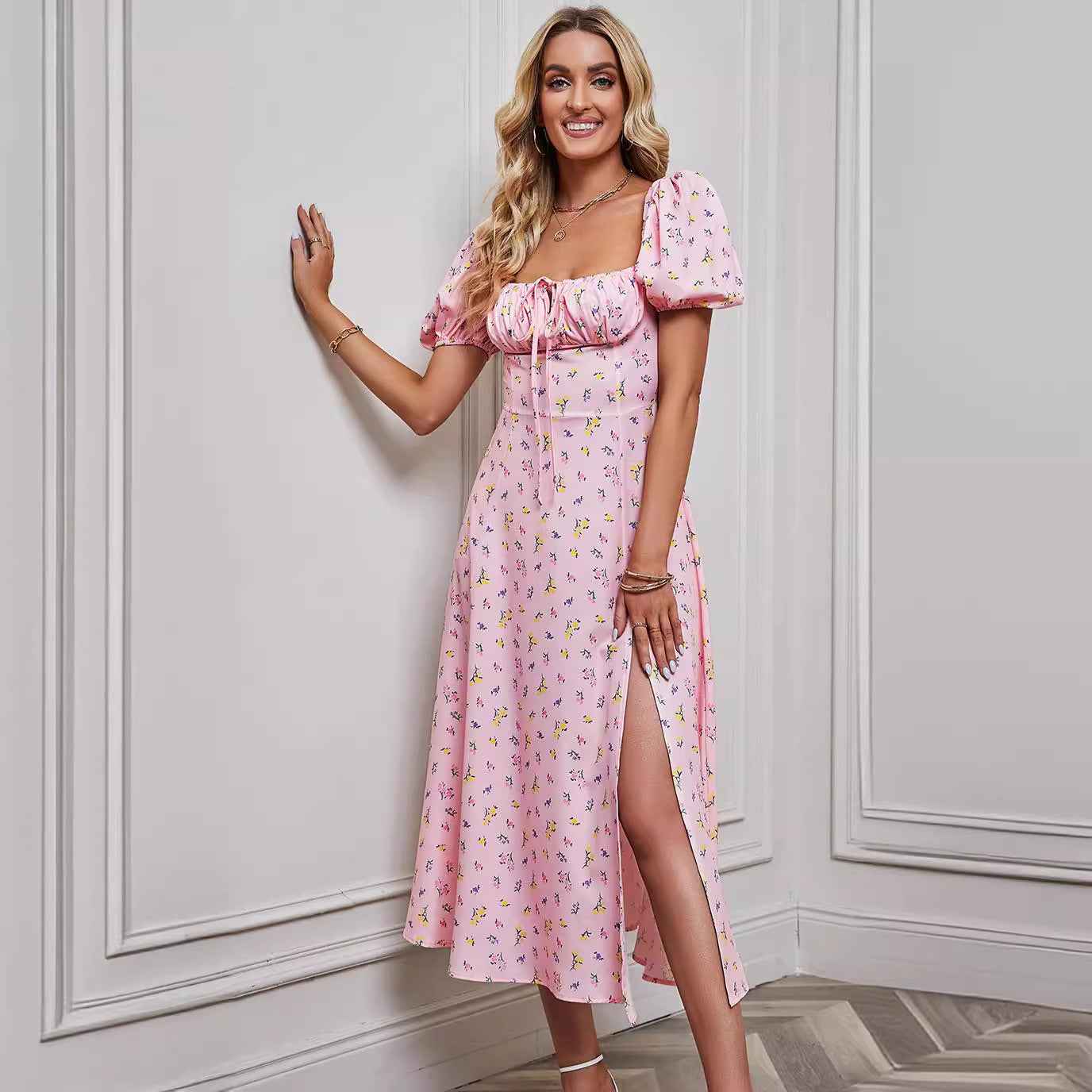 Women's A-Line Midi Dress - Floral Print, Bow Detail, Puff Sleeves, Front Split