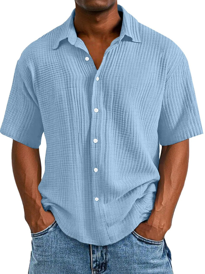 Men's Casual Short Sleeve Shirt – Relaxed Fit – Breathable Textured Fabric Sky Blue