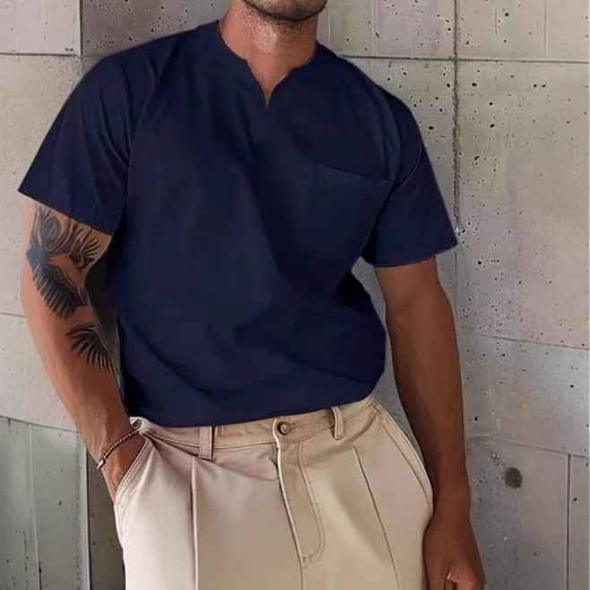 Men's Slim Fit V-Neck T-Shirt with Chest Pocket – Breathable Fabric Navy Blue