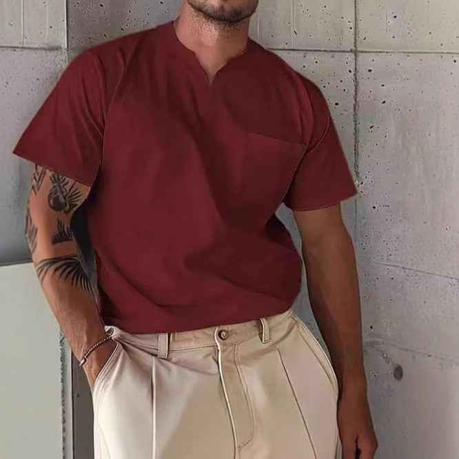 Men's Slim Fit V-Neck T-Shirt with Chest Pocket – Breathable Fabric Claret