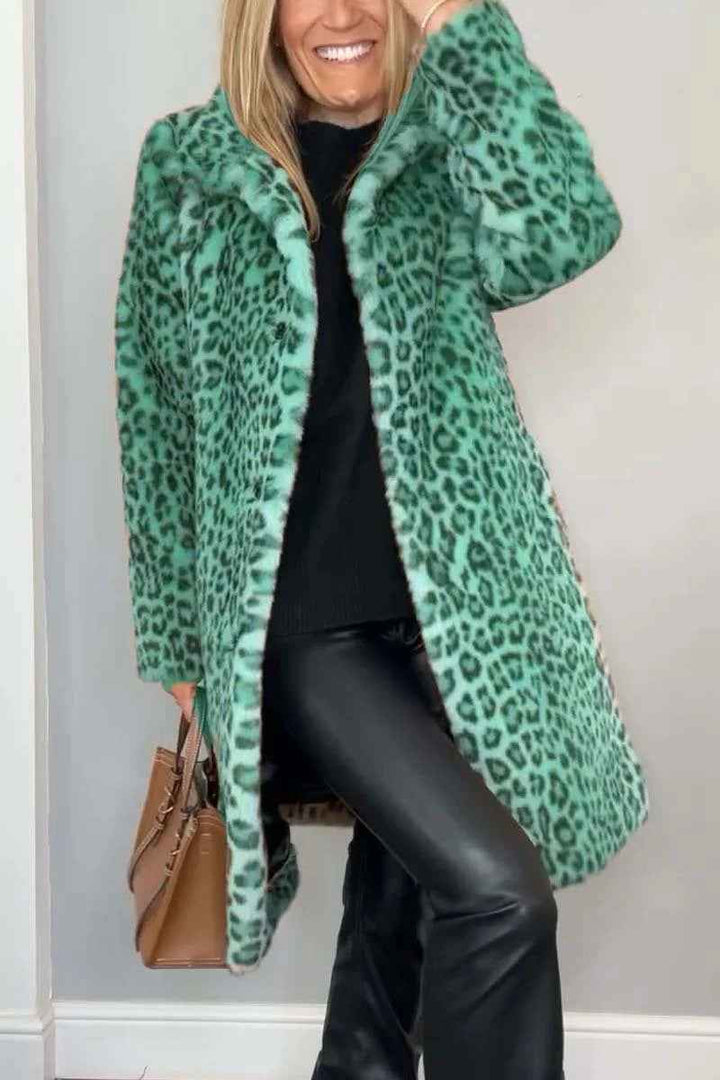 Women's Oversized Leopard Print Faux Fur Coat with Notched Collar Long Green