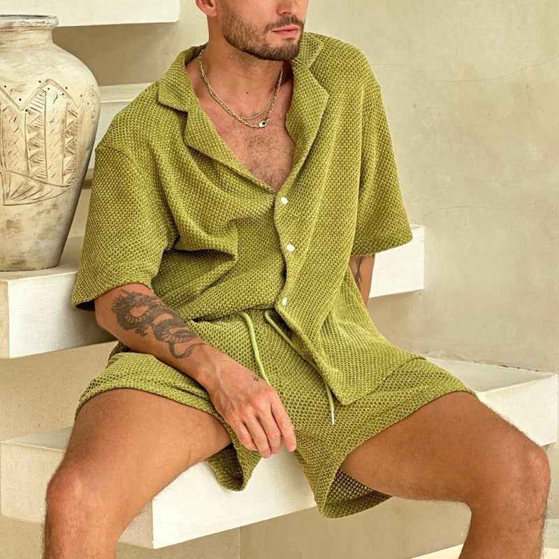 Men's Casual Button-Up Shirt and Drawstring Shorts Set – Relaxed Fit, Breathable Fabric