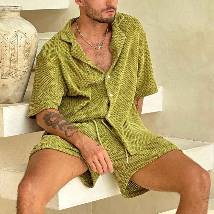 Men's Casual Button-Up Shirt and Drawstring Shorts Set – Relaxed Fit, Breathable Fabric