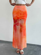 Women's Mesh Long Skirt – Mermaid Fit with Transparent Floral Print Orange
