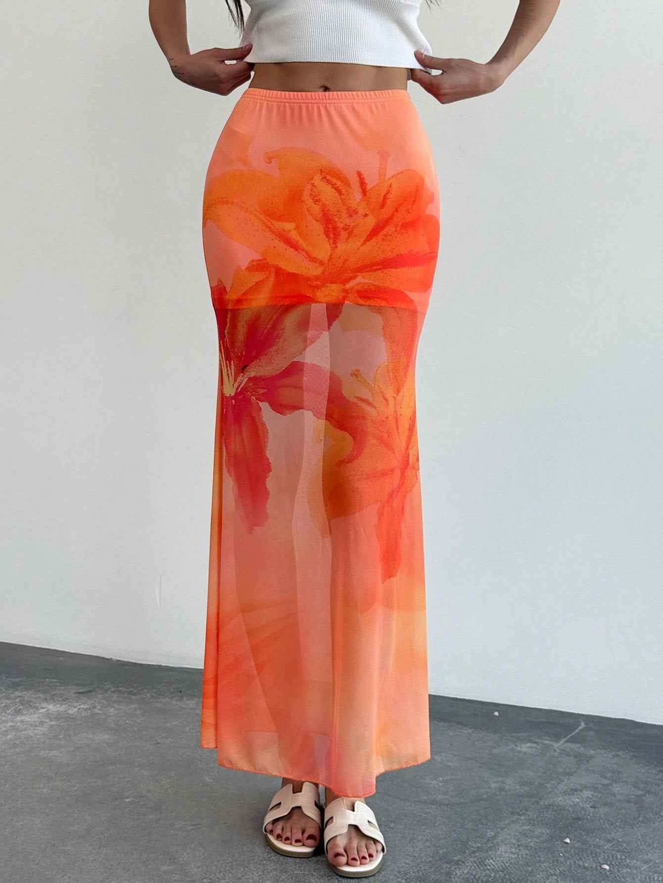 Women's Mesh Long Skirt – Mermaid Fit with Transparent Floral Print Orange