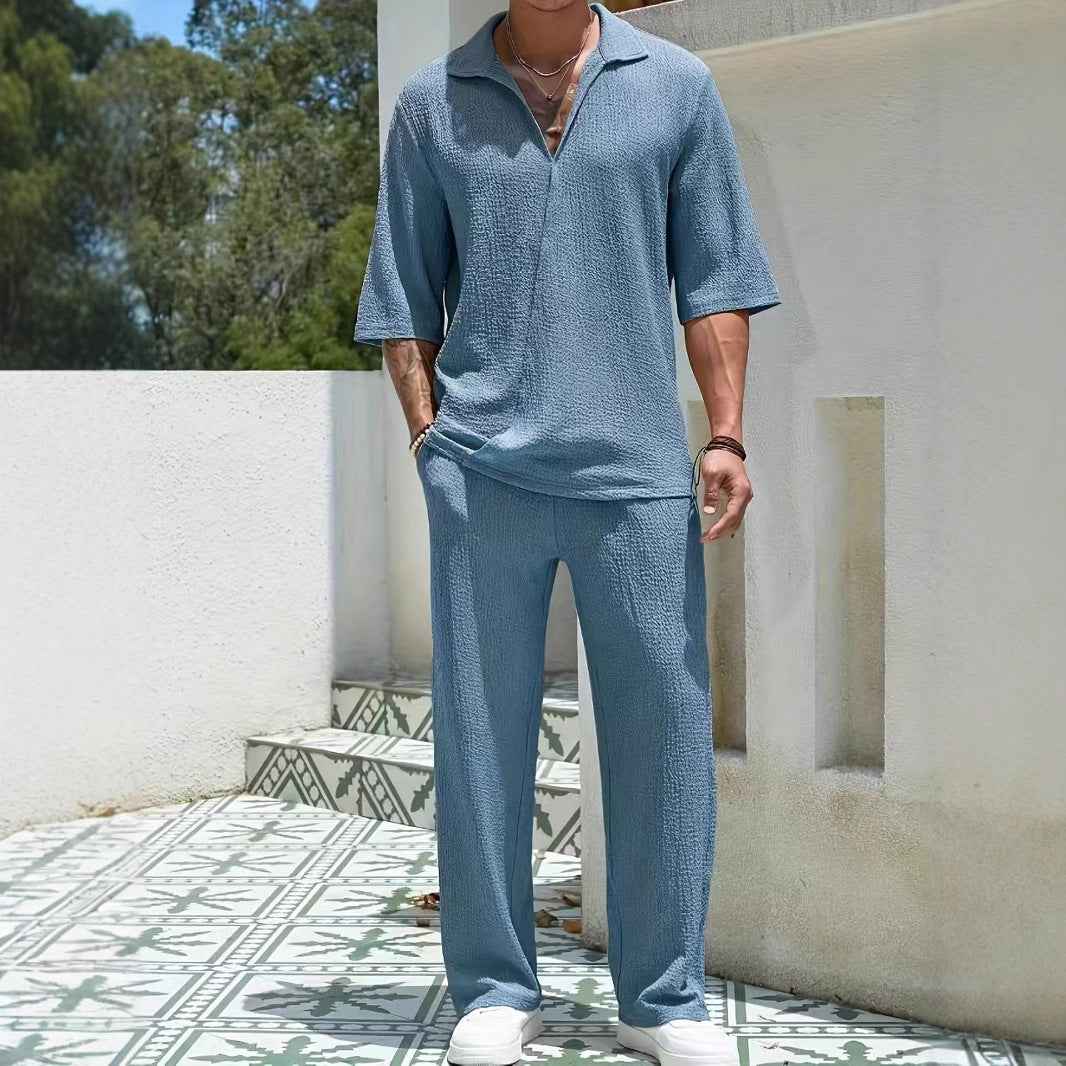 Men's Relaxed Fit Zip Collar Shirt & Straight Pants Set – Breathable Fabric Blue
