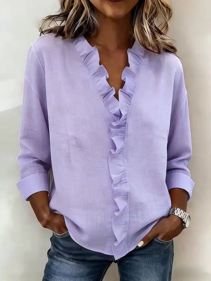 Women's Elegant V-neck Ruffles Blouse Purple