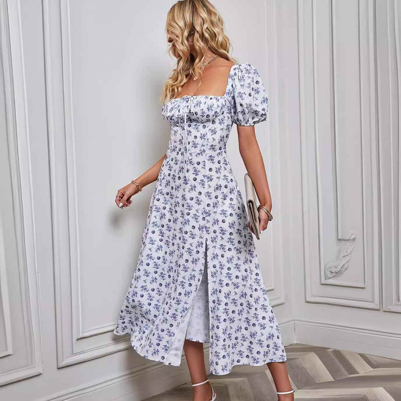 Women's A-Line Midi Dress - Floral Print, Bow Detail, Puff Sleeves, Front Split