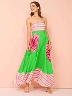 Women's A-Line Midi Dress with Smocked Bodice and Spaghetti Straps – Lightweight Cotton Green