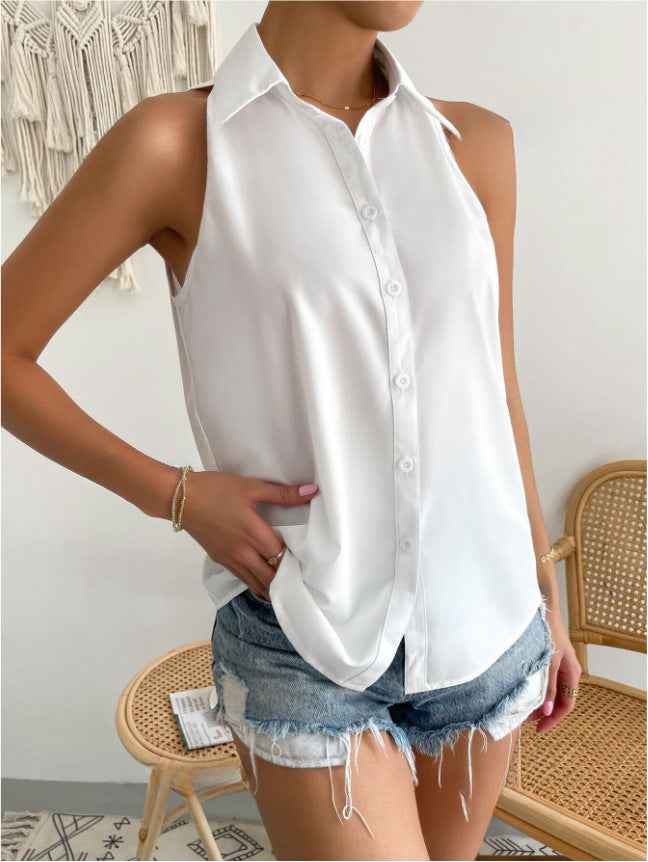 Women's Relaxed Fit Sleeveless Blouse – Shiny Luxury Fabric – Button Closure – Hip Length White