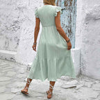 Women's A-Line Midi Dress with V-Neck, Ruffle Sleeves, and Button Details