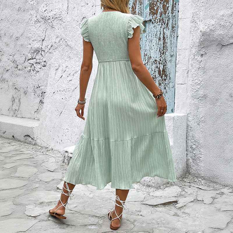 Women's A-Line Midi Dress with V-Neck, Ruffle Sleeves, and Button Details